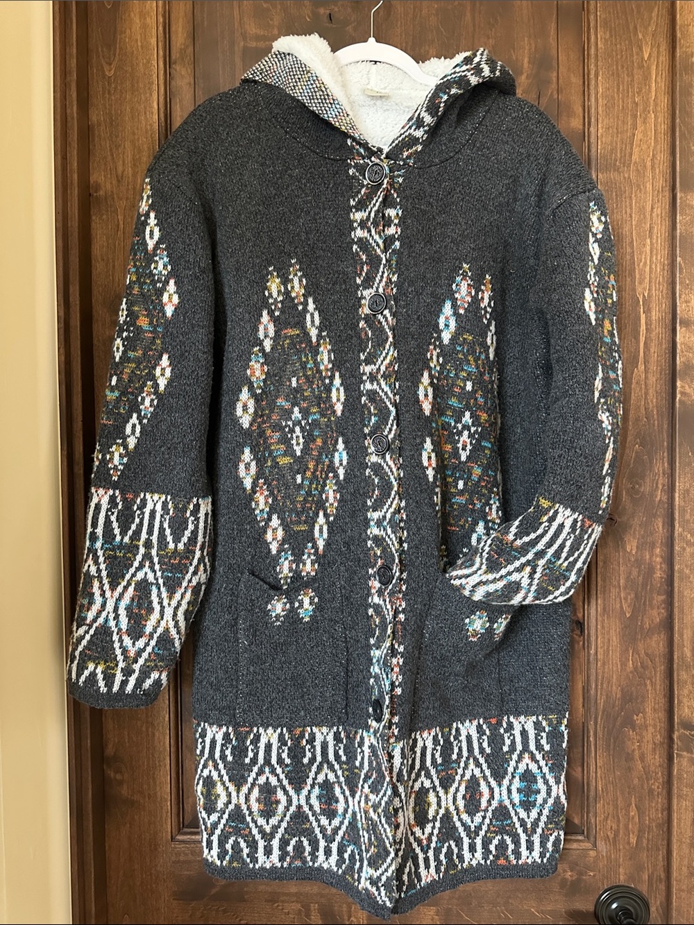 Hooded Patterned Knit Coatigan - Charcoal